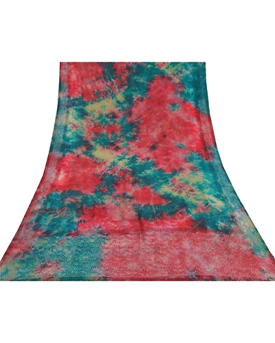 Sanskriti Vintage Red Tie-Dye Embroidered Sarees Pure Crepe Silk Sari 5Yd Fabric, PRC-16459-Red-Printed Floral Design-Pure Crepe Silk-8