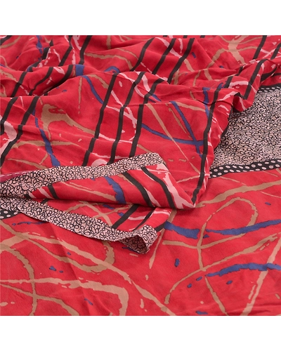 Sanskriti Vintage Red Sarees 100% Pure Crepe Silk Printed Sari 5Yd Craft Fabric, PRC-16467-Red-Printed Floral Design-Pure Crepe Silk-1