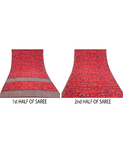 Sanskriti Vintage Red Sarees 100% Pure Crepe Silk Printed Sari 5Yd Craft Fabric, PRC-16467-Red-Printed Floral Design-Pure Crepe Silk-4