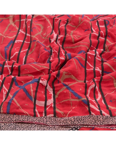 Sanskriti Vintage Red Sarees 100% Pure Crepe Silk Printed Sari 5Yd Craft Fabric, PRC-16467-Red-Printed Floral Design-Pure Crepe Silk-6