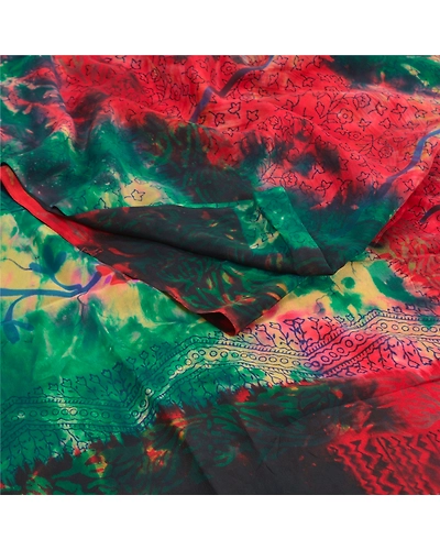 Sanskriti Vintage Red Tie-Dye Sarees Pure Crepe Silk Printed Sari Craft Fabric, PRC-16475-Red-Printed Floral Design-Pure Crepe Silk-1