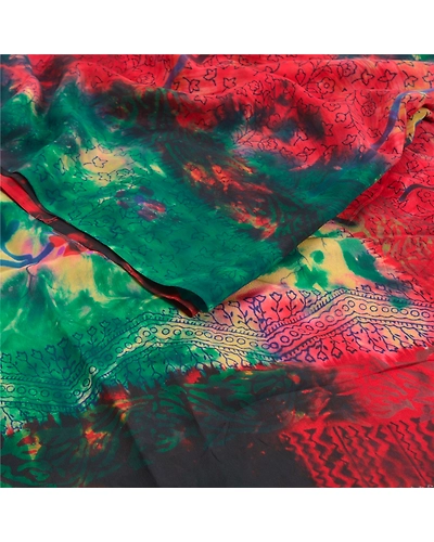 Sanskriti Vintage Red Tie-Dye Sarees Pure Crepe Silk Printed Sari Craft Fabric, PRC-16475-Red-Printed Floral Design-Pure Crepe Silk-2