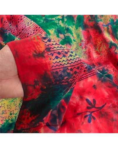 Sanskriti Vintage Red Tie-Dye Sarees Pure Crepe Silk Printed Sari Craft Fabric, PRC-16475-Red-Printed Floral Design-Pure Crepe Silk-3