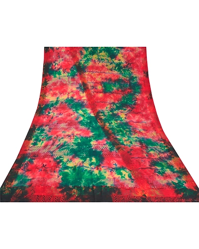 Sanskriti Vintage Red Tie-Dye Sarees Pure Crepe Silk Printed Sari Craft Fabric, PRC-16475-Red-Printed Floral Design-Pure Crepe Silk-8