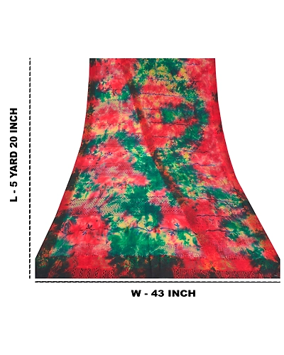 Sanskriti Vintage Red Tie-Dye Sarees Pure Crepe Silk Printed Sari Craft Fabric, PRC-16475-Red-Printed Floral Design-Pure Crepe Silk-9