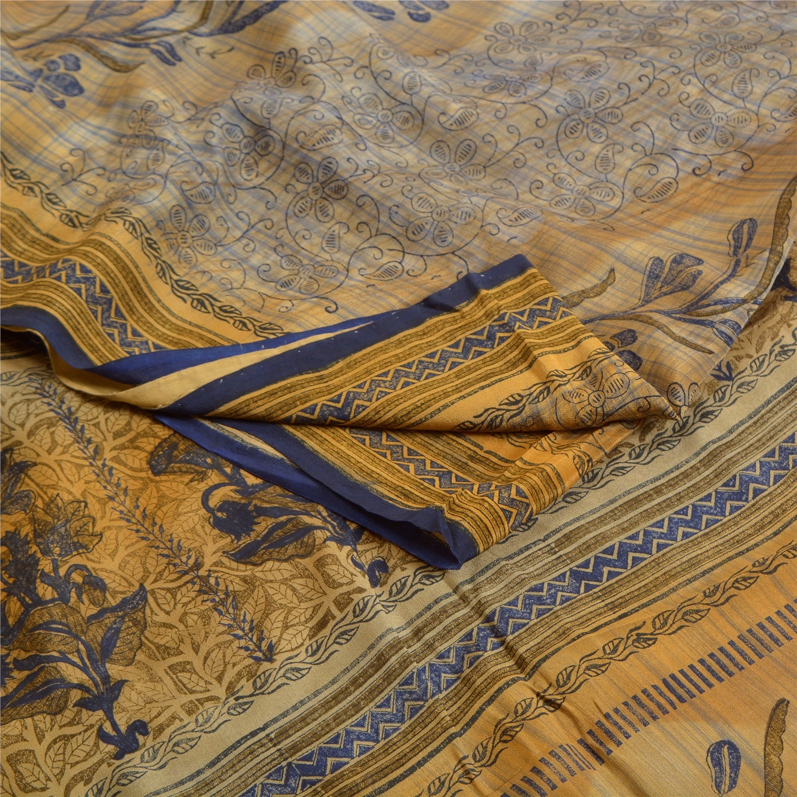 Sanskriti Vintage Sarees Green Indian Pure Crepe Silk Printed Sari Craft Fabric, PRC-18292 image 1