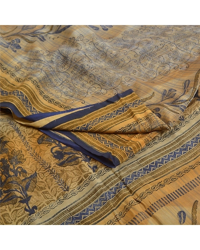 Sanskriti Vintage Sarees Green Indian Pure Crepe Silk Printed Sari Craft Fabric, PRC-18292-Green-Printed Floral Design-Pure Crepe Silk-1