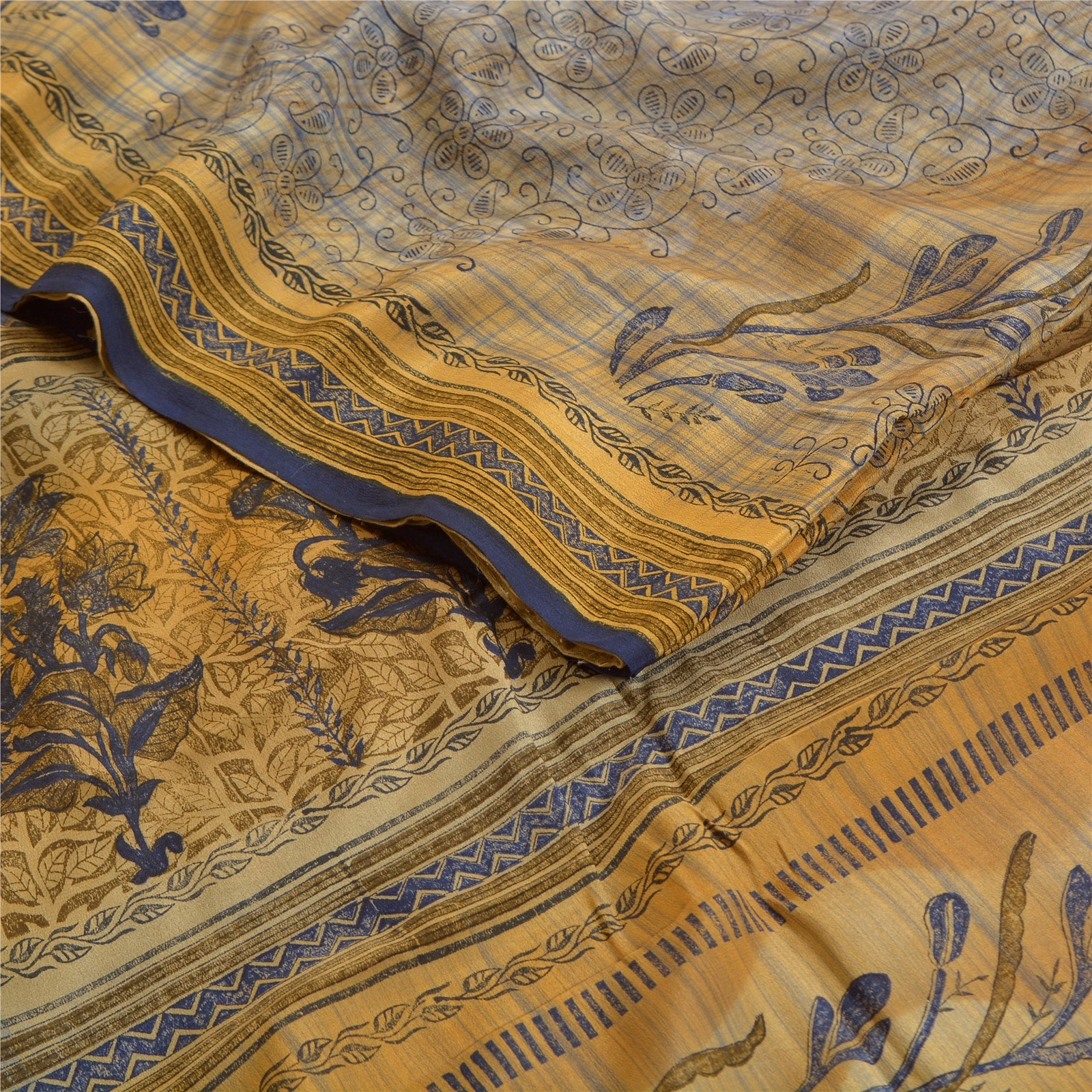 Sanskriti Vintage Sarees Green Indian Pure Crepe Silk Printed Sari Craft Fabric, PRC-18292 image 2