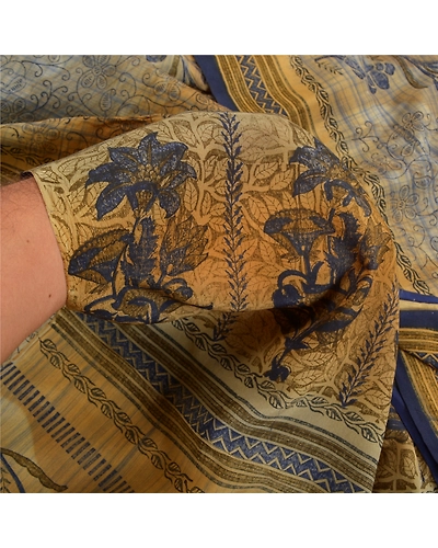 Sanskriti Vintage Sarees Green Indian Pure Crepe Silk Printed Sari Craft Fabric, PRC-18292-Green-Printed Floral Design-Pure Crepe Silk-3