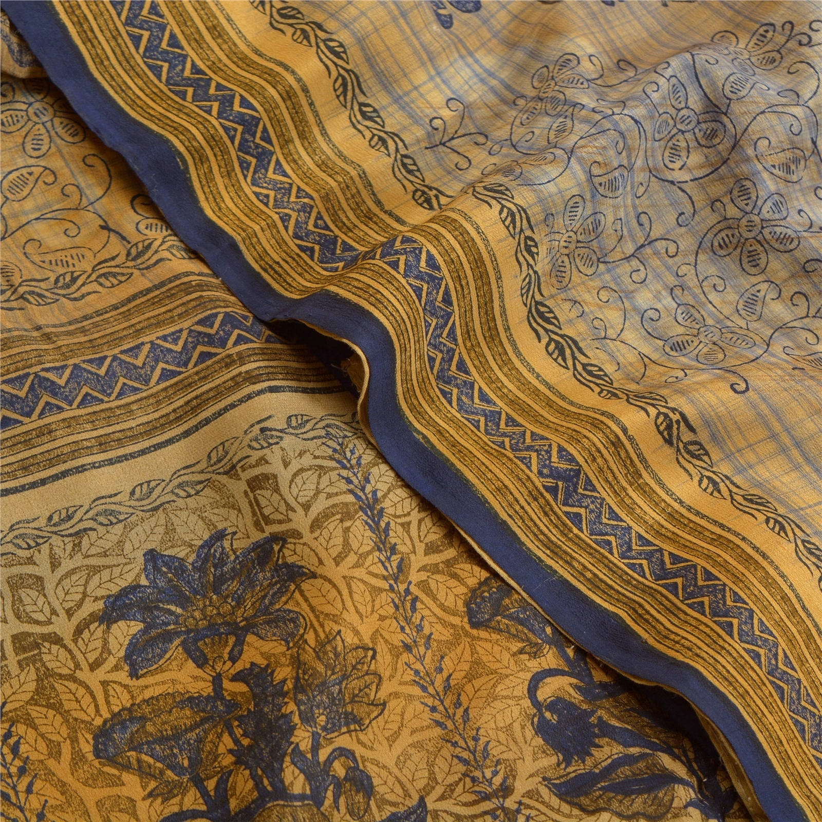 Sanskriti Vintage Sarees Green Indian Pure Crepe Silk Printed Sari Craft Fabric, PRC-18292 image 5