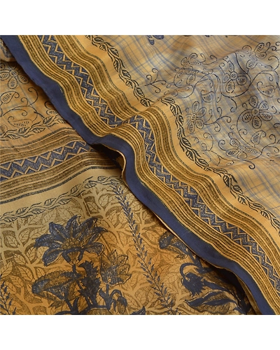 Sanskriti Vintage Sarees Green Indian Pure Crepe Silk Printed Sari Craft Fabric, PRC-18292-Green-Printed Floral Design-Pure Crepe Silk-5