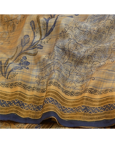 Sanskriti Vintage Sarees Green Indian Pure Crepe Silk Printed Sari Craft Fabric, PRC-18292-Green-Printed Floral Design-Pure Crepe Silk-6
