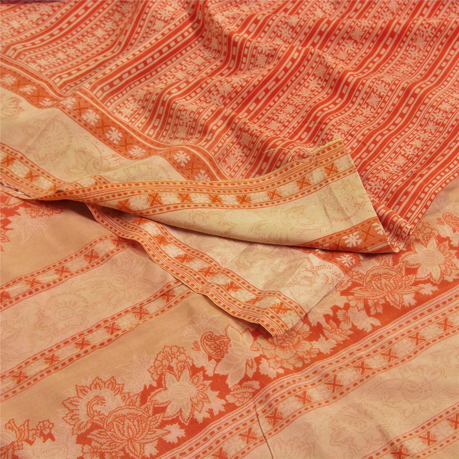 Sanskriti Vintage Sarees Red Indian Pure Crepe Silk Printed Sari Craft Fabric, PRC-18302 image 1