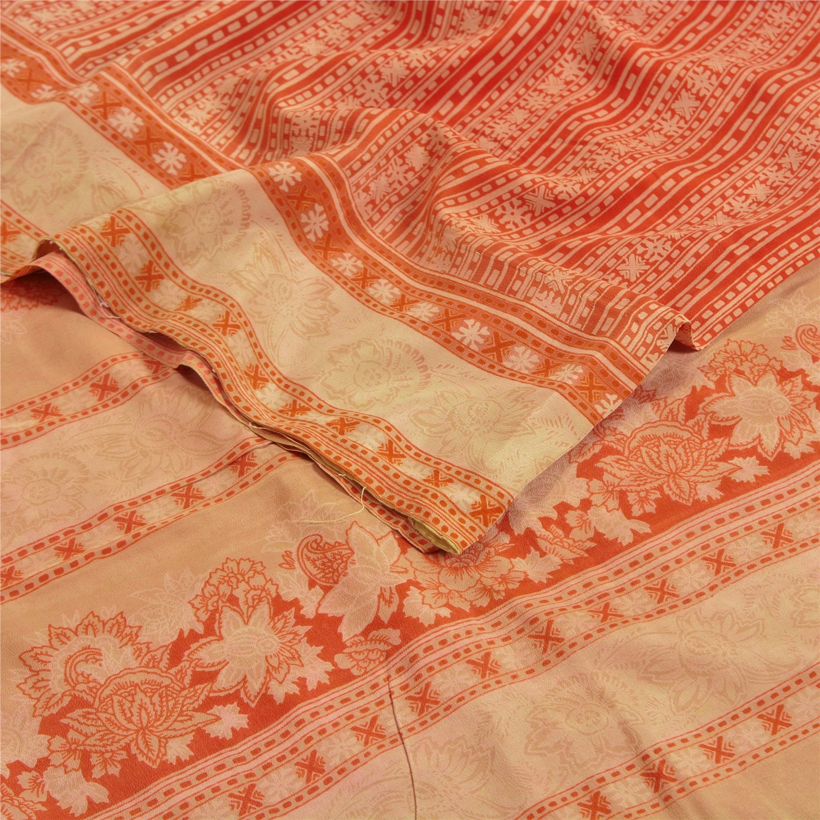 Sanskriti Vintage Sarees Red Indian Pure Crepe Silk Printed Sari Craft Fabric, PRC-18302 image 2