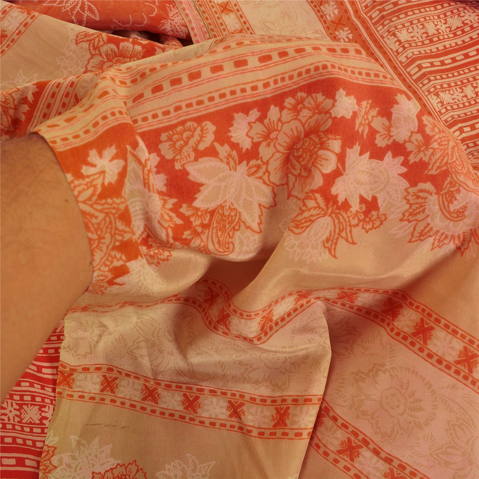 Sanskriti Vintage Sarees Red Indian Pure Crepe Silk Printed Sari Craft Fabric, PRC-18302 image 3