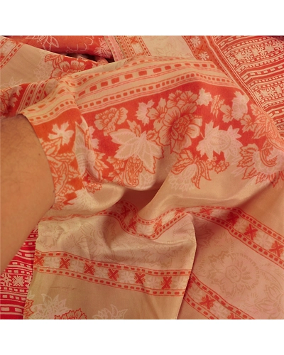 Sanskriti Vintage Sarees Red Indian Pure Crepe Silk Printed Sari Craft Fabric, PRC-18302-Red-Printed Floral Design-Pure Crepe Silk-3