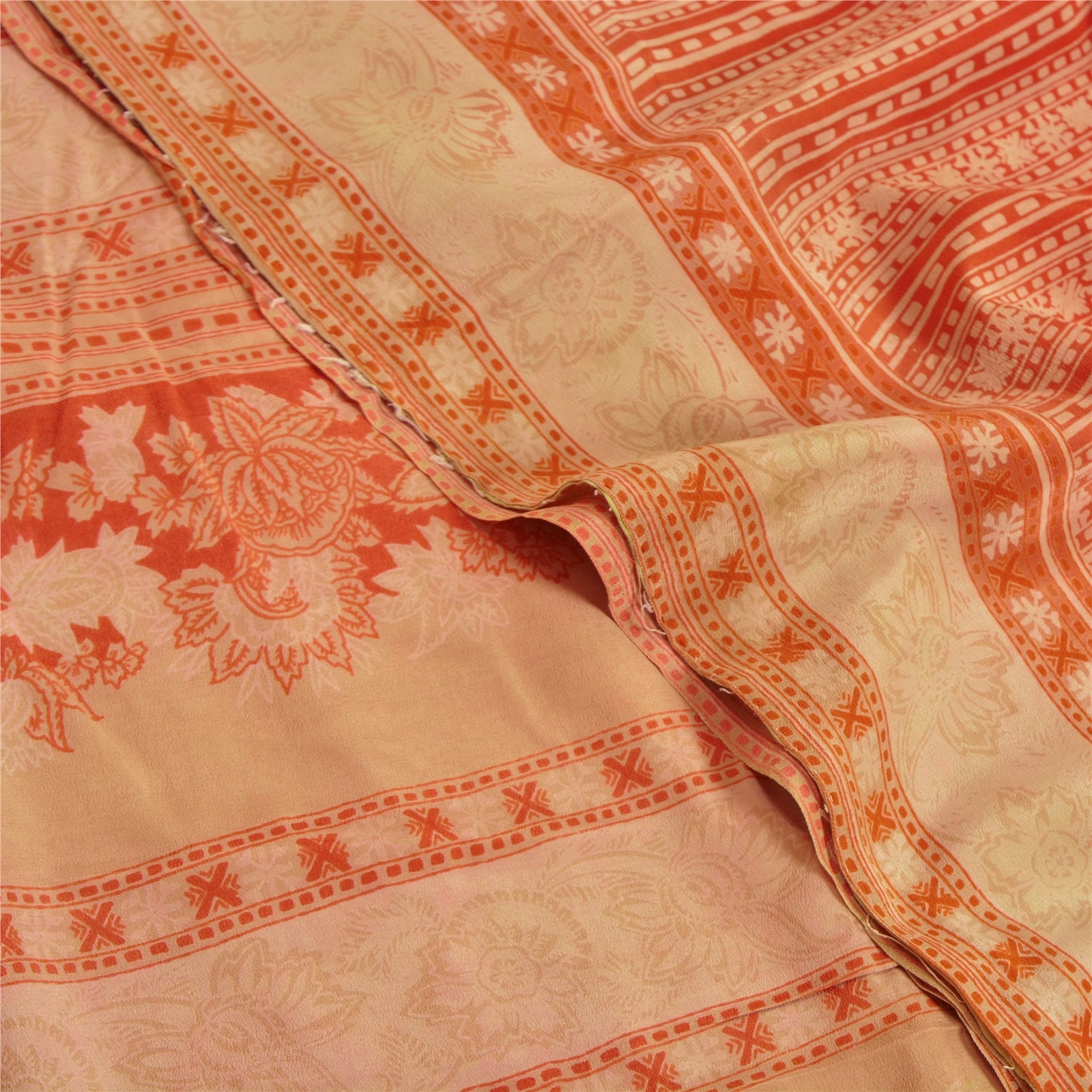 Sanskriti Vintage Sarees Red Indian Pure Crepe Silk Printed Sari Craft Fabric, PRC-18302 image 5