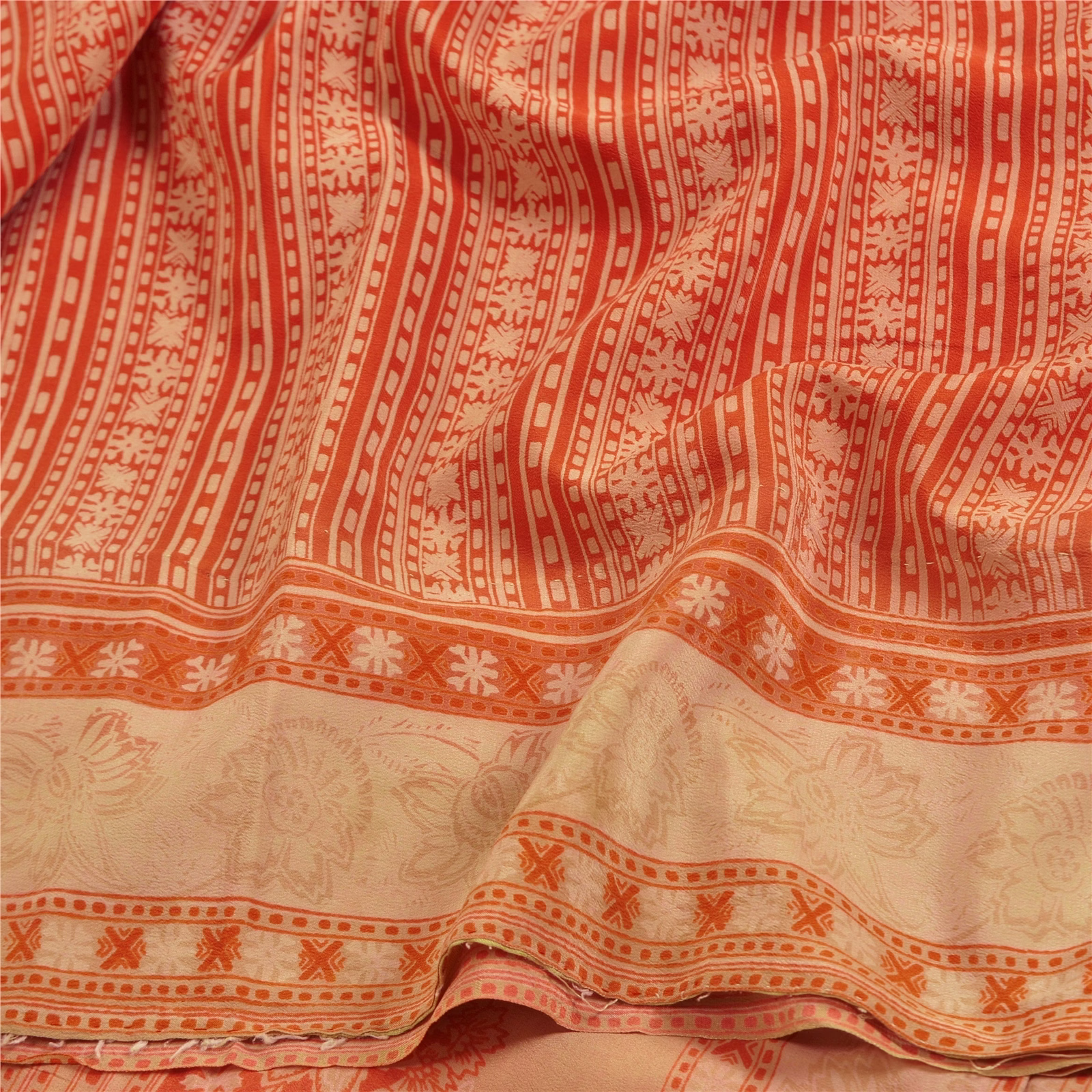 Sanskriti Vintage Sarees Red Indian Pure Crepe Silk Printed Sari Craft Fabric, PRC-18302 image 6