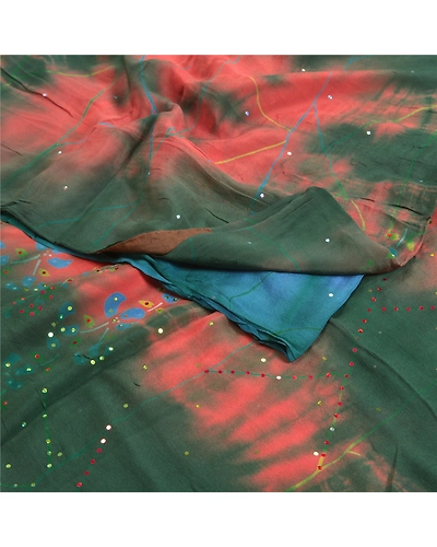 Sanskriti Vintage Sarees Multi Tie-Dye Hand Beaded Pure Crepe Silk Sari Fabric, PRC-18303-Multi-Tie-Dye-Pure Crepe Silk-1