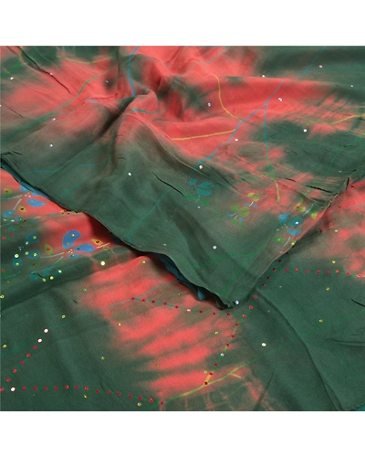 Sanskriti Vintage Sarees Multi Tie-Dye Hand Beaded Pure Crepe Silk Sari Fabric, PRC-18303-Multi-Tie-Dye-Pure Crepe Silk-2