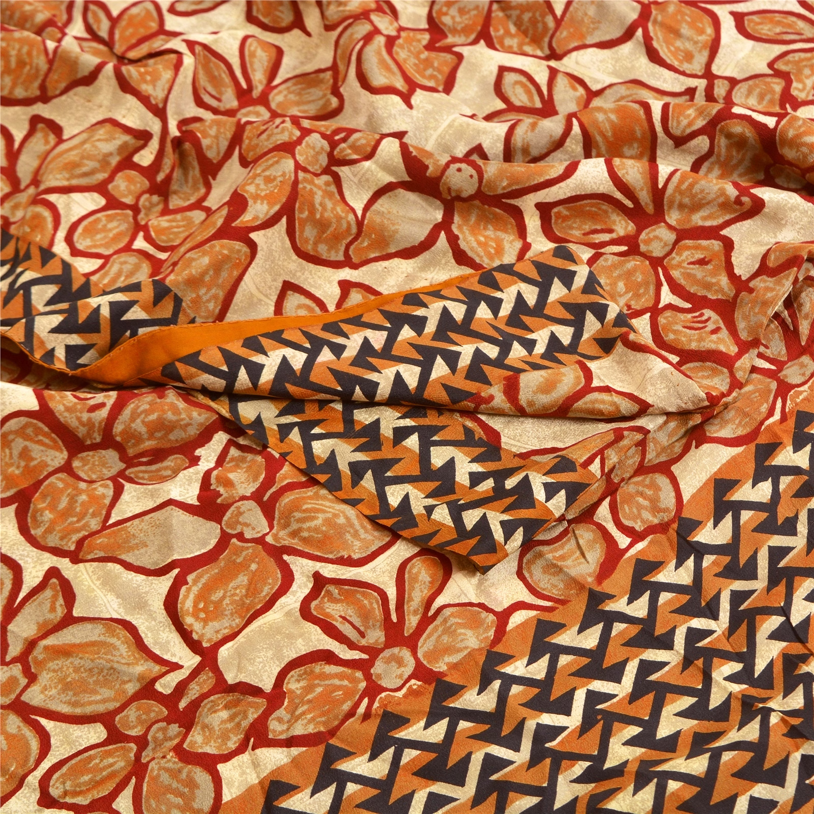 Sanskriti Vintage Sarees Red 100% Pure Crepe Silk Printed Sari Soft Craft Fabric, PRC-18314 image 1