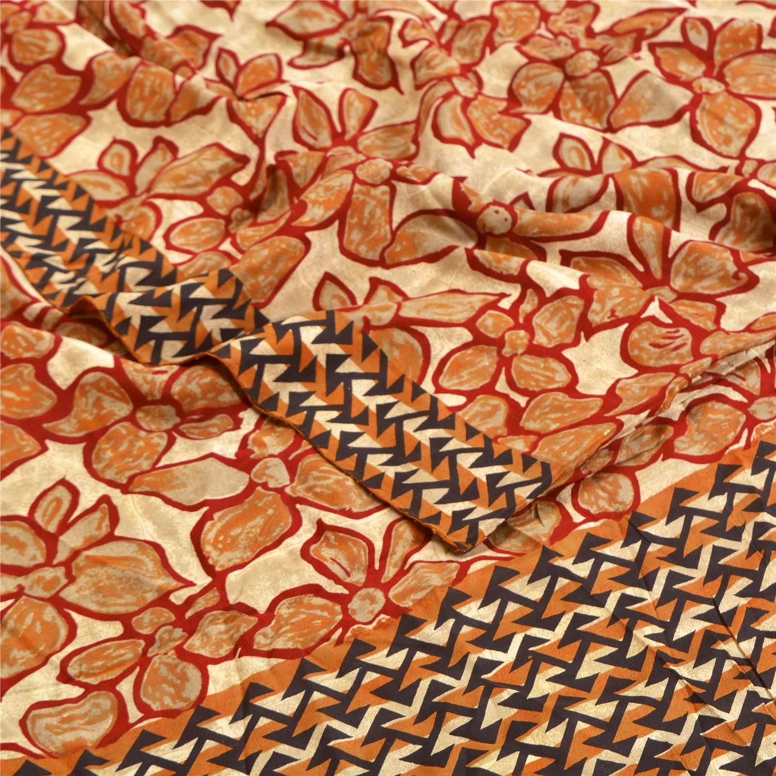 Sanskriti Vintage Sarees Red 100% Pure Crepe Silk Printed Sari Soft Craft Fabric, PRC-18314 image 2