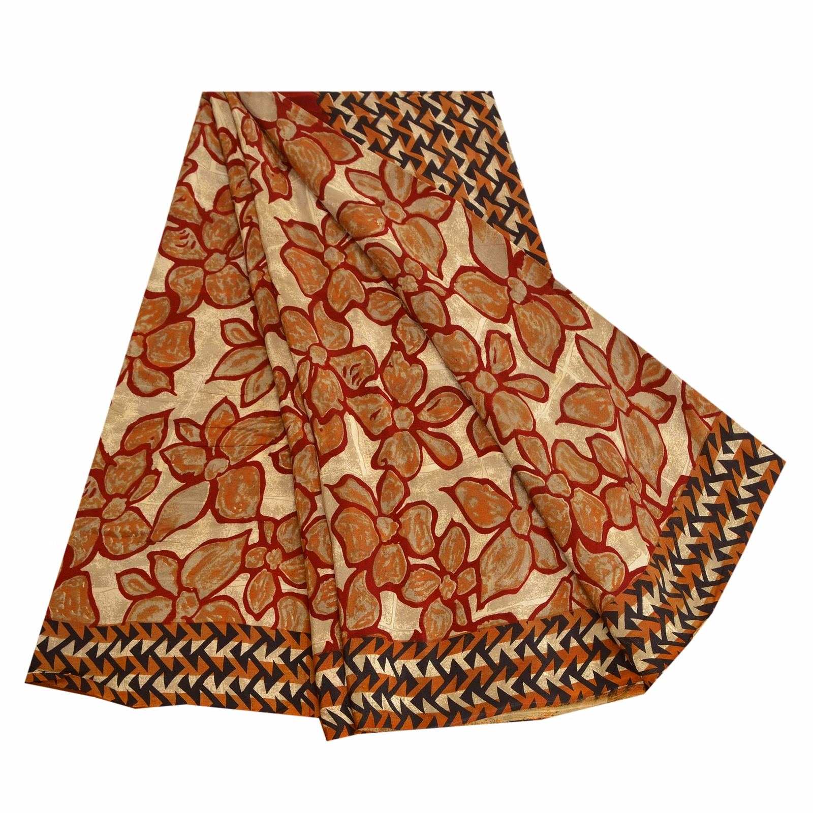 Sanskriti Vintage Sarees Red 100% Pure Crepe Silk Printed Sari Soft Craft Fabric, PRC-18314 image 7