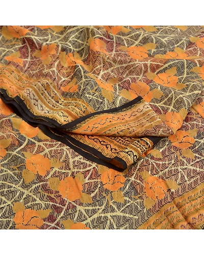 Sanskriti Vintage Sarees Indian Black Pure Crepe Silk Printed Sari Craft Fabric, PRC-18331-Black-Printed Floral Design-Pure Crepe Silk-1