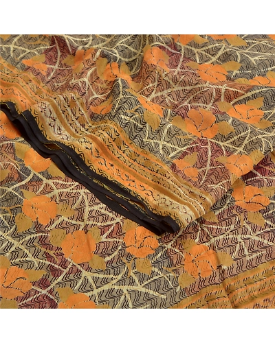 Sanskriti Vintage Sarees Indian Black Pure Crepe Silk Printed Sari Craft Fabric, PRC-18331-Black-Printed Floral Design-Pure Crepe Silk-2