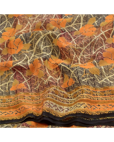 Sanskriti Vintage Sarees Indian Black Pure Crepe Silk Printed Sari Craft Fabric, PRC-18331-Black-Printed Floral Design-Pure Crepe Silk-6