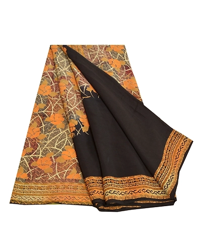 Sanskriti Vintage Sarees Indian Black Pure Crepe Silk Printed Sari Craft Fabric, PRC-18331-Black-Printed Floral Design-Pure Crepe Silk-7