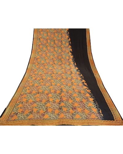 Sanskriti Vintage Sarees Indian Black Pure Crepe Silk Printed Sari Craft Fabric, PRC-18331-Black-Printed Floral Design-Pure Crepe Silk-8