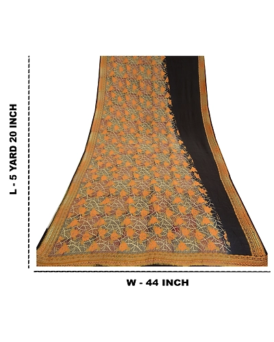 Sanskriti Vintage Sarees Indian Black Pure Crepe Silk Printed Sari Craft Fabric, PRC-18331-Black-Printed Floral Design-Pure Crepe Silk-9