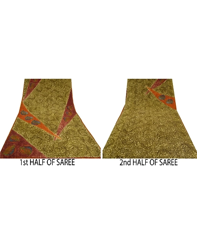 Sanskriti Vintage Sarees Indian Green Pure Crepe Silk Printed Sari Craft Fabric\, PRC-18344-Green-Printed Floral Design-Pure Crepe Silk-4