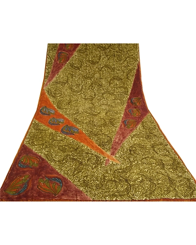 Sanskriti Vintage Sarees Indian Green Pure Crepe Silk Printed Sari Craft Fabric\, PRC-18344-Green-Printed Floral Design-Pure Crepe Silk-8