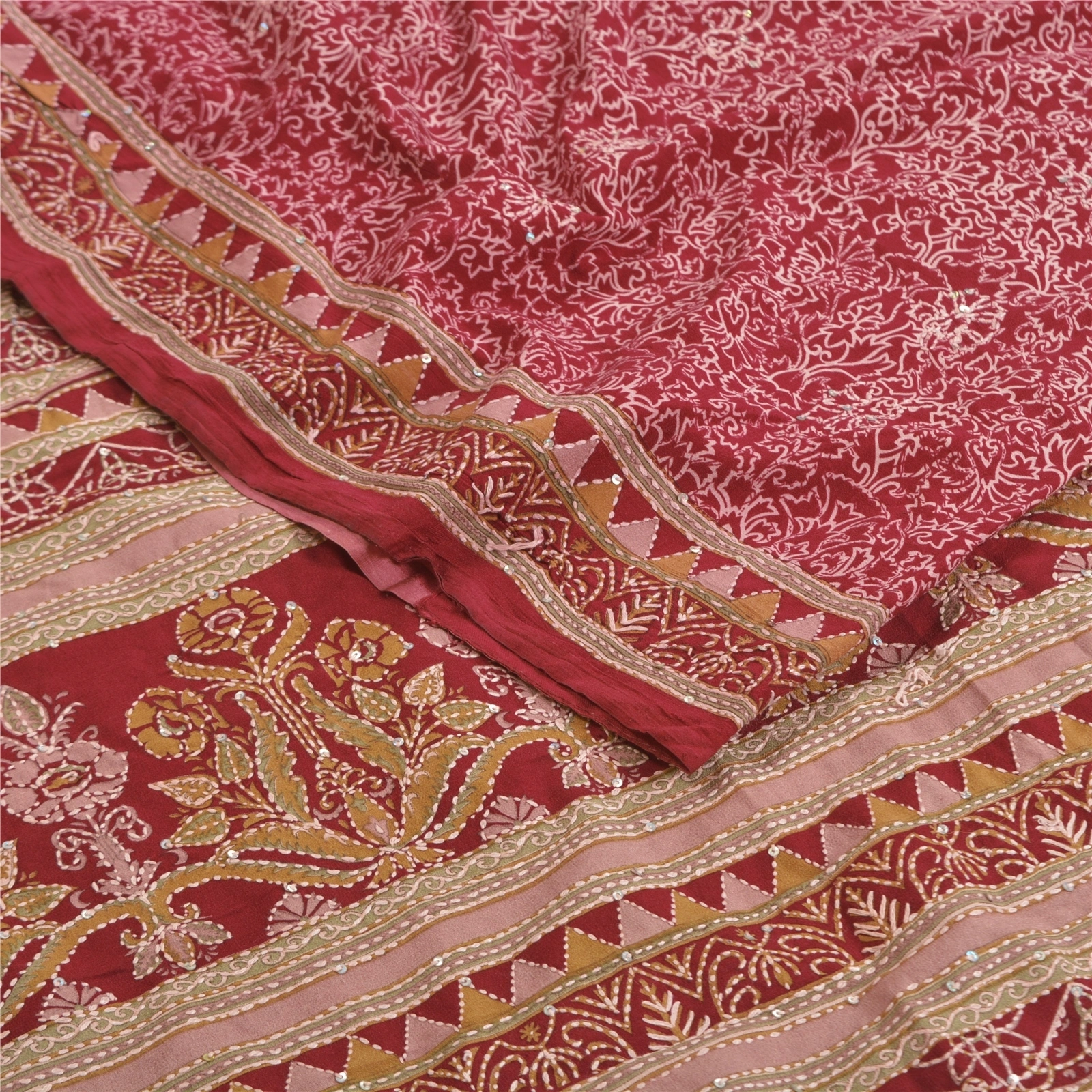 Sanskriti Vintage Sarees Dark Red Hand Beaded Kantha Crepe Sari 5Yd Craft Fabric, PRC-18374-Dark Red-Printed Floral Design-Blend Crepe-2