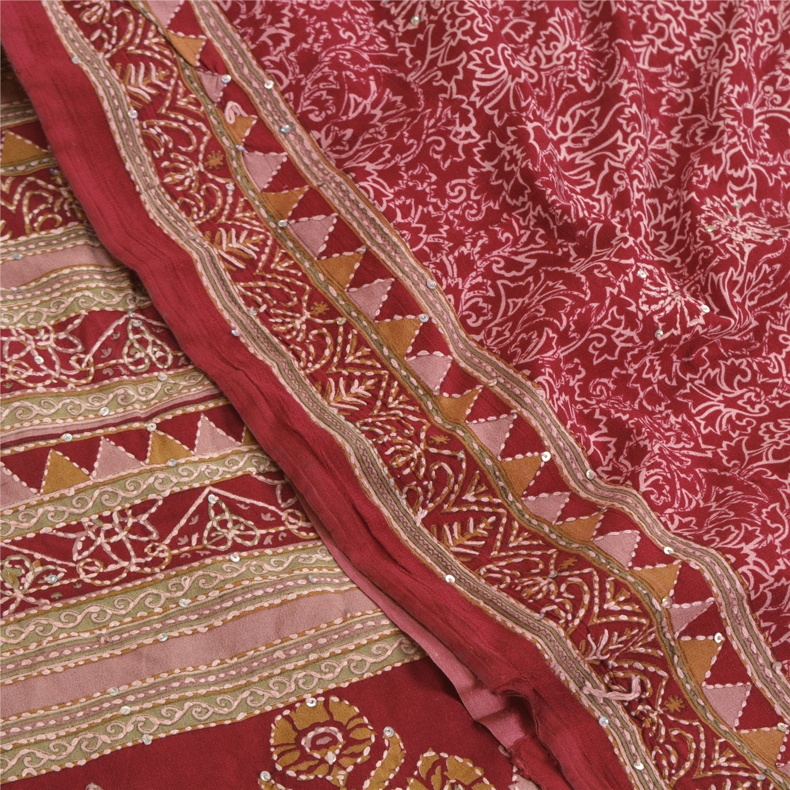 Sanskriti Vintage Sarees Dark Red Hand Beaded Kantha Crepe Sari 5Yd Craft Fabric, PRC-18374-Dark Red-Printed Floral Design-Blend Crepe-5