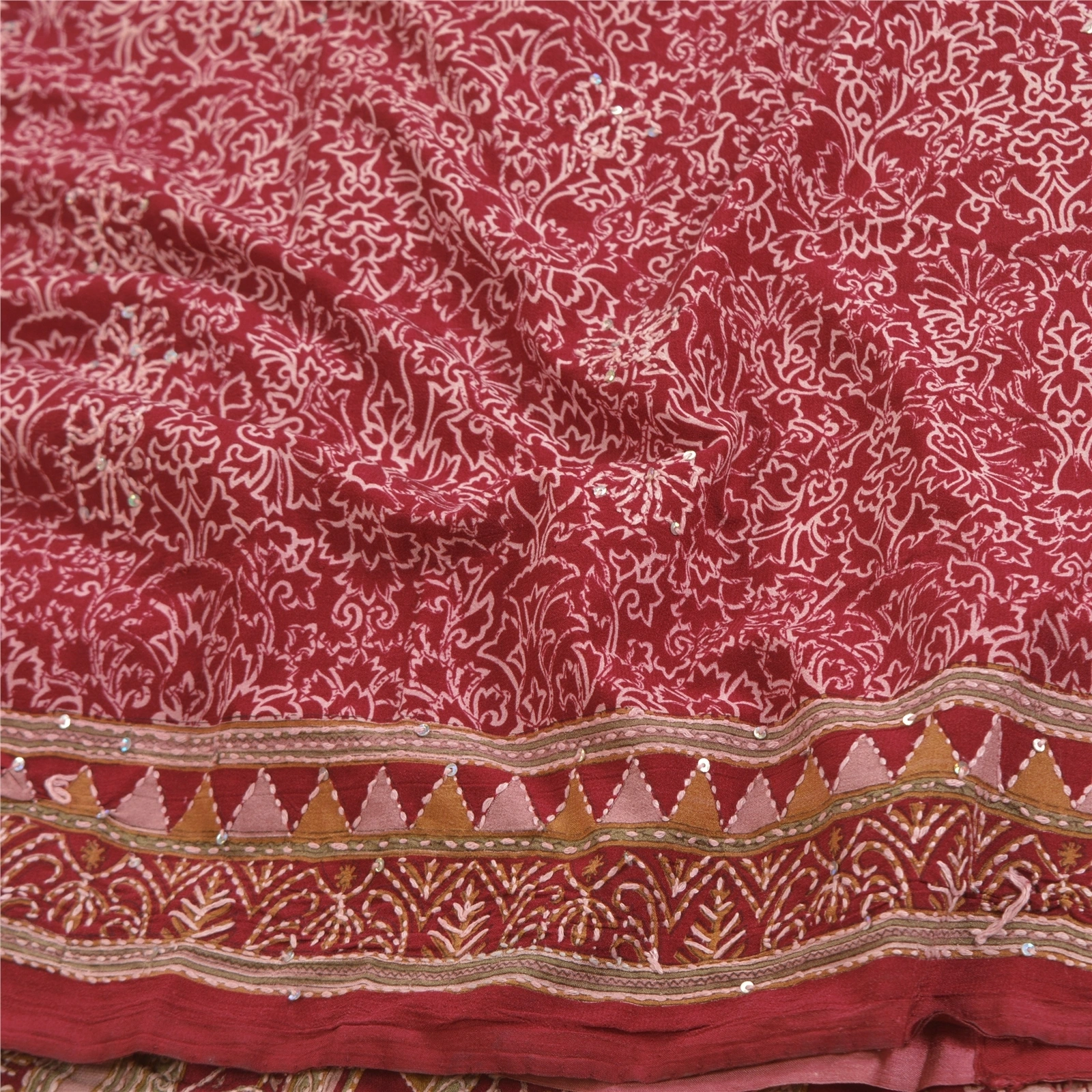 Sanskriti Vintage Sarees Dark Red Hand Beaded Kantha Crepe Sari 5Yd Craft Fabric, PRC-18374-Dark Red-Printed Floral Design-Blend Crepe-6