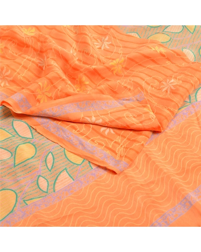 Sanskriti Vintage Sarees Indian Peach Pure Crepe Silk Printed Sari Craft Fabric, PRC-18420-Peach-Printed Floral Design-Pure Crepe Silk-1