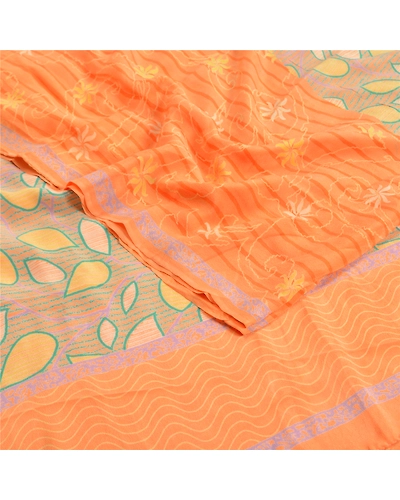 Sanskriti Vintage Sarees Indian Peach Pure Crepe Silk Printed Sari Craft Fabric, PRC-18420-Peach-Printed Floral Design-Pure Crepe Silk-2