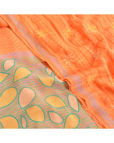 Sanskriti Vintage Sarees Indian Peach Pure Crepe Silk Printed Sari Craft Fabric, PRC-18420-Peach-Printed Floral Design-Pure Crepe Silk-5