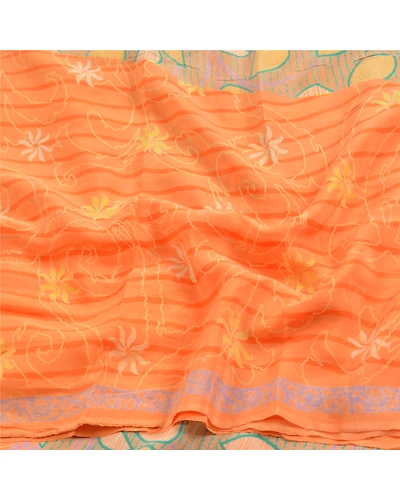 Sanskriti Vintage Sarees Indian Peach Pure Crepe Silk Printed Sari Craft Fabric, PRC-18420-Peach-Printed Floral Design-Pure Crepe Silk-6