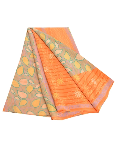 Sanskriti Vintage Sarees Indian Peach Pure Crepe Silk Printed Sari Craft Fabric, PRC-18420-Peach-Printed Floral Design-Pure Crepe Silk-7
