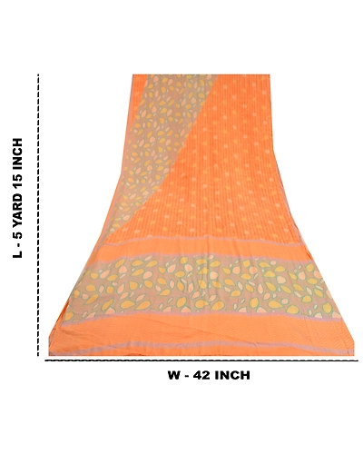 Sanskriti Vintage Sarees Indian Peach Pure Crepe Silk Printed Sari Craft Fabric, PRC-18420-Peach-Printed Floral Design-Pure Crepe Silk-9