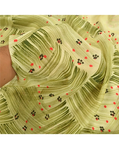 Sanskriti Vintage Sarees Green Pure Crepe Silk Printed Sari Floral Craft Fabric, PRC-18455-Green-Printed Floral Design-Pure Crepe Silk-3