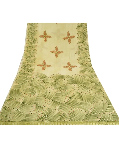 Sanskriti Vintage Sarees Green Pure Crepe Silk Printed Sari Floral Craft Fabric, PRC-18455-Green-Printed Floral Design-Pure Crepe Silk-8
