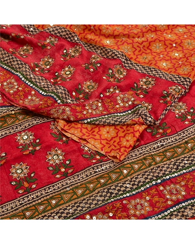 Sanskriti Vintage Sarees Red Hand Beaded Printed Pure Crepe Silk Sari 5Yd Fabric, PRC-18461-Red-Printed Floral Design-Pure Crepe Silk-1