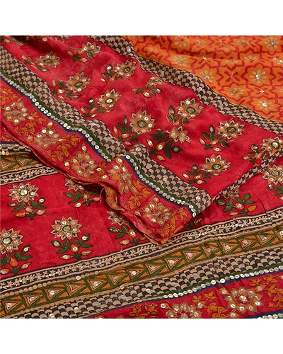 Sanskriti Vintage Sarees Red Hand Beaded Printed Pure Crepe Silk Sari 5Yd Fabric, PRC-18461-Red-Printed Floral Design-Pure Crepe Silk-2