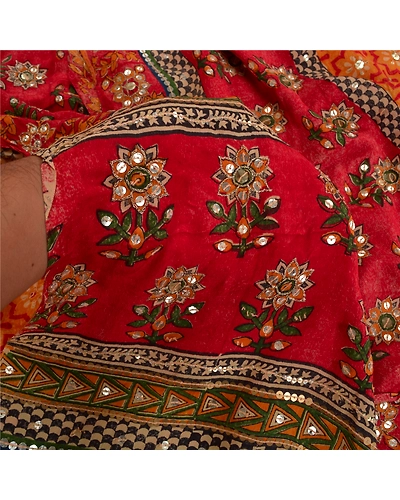 Sanskriti Vintage Sarees Red Hand Beaded Printed Pure Crepe Silk Sari 5Yd Fabric, PRC-18461-Red-Printed Floral Design-Pure Crepe Silk-3