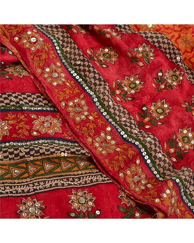 Sanskriti Vintage Sarees Red Hand Beaded Printed Pure Crepe Silk Sari 5Yd Fabric, PRC-18461-Red-Printed Floral Design-Pure Crepe Silk-5